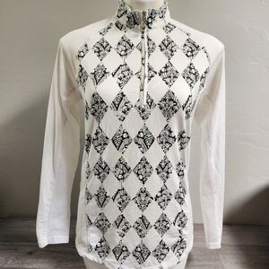 SanSolei White Black Top S Half‎ Zip Diamond Equestrian Prints UPF 50 Breathable